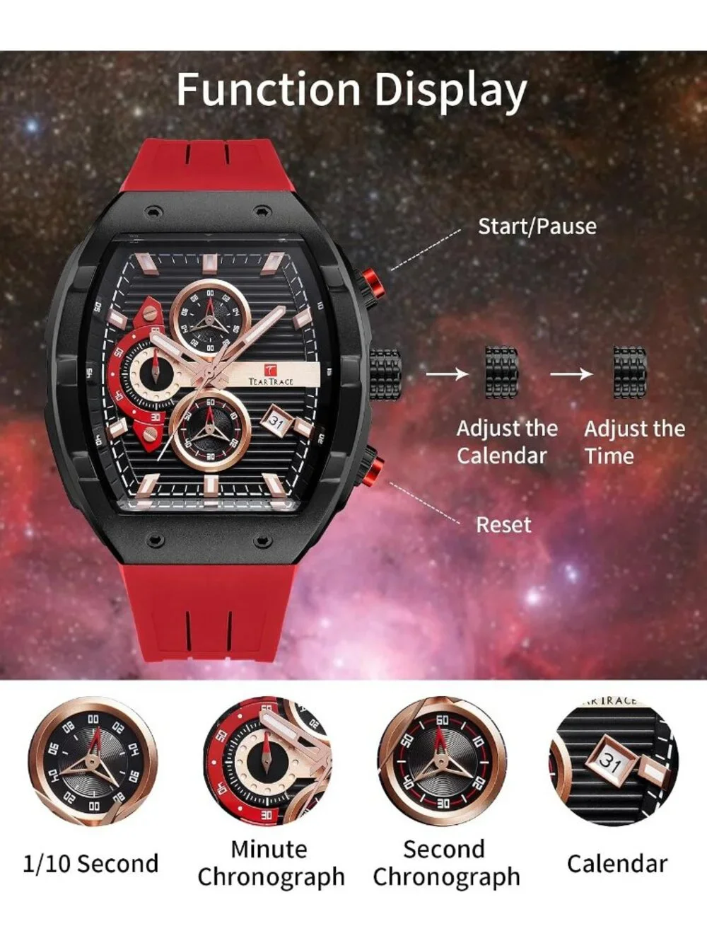 Men's Red Original Analog Quartz Waterproof Sport Fashion Unique Casual Watch